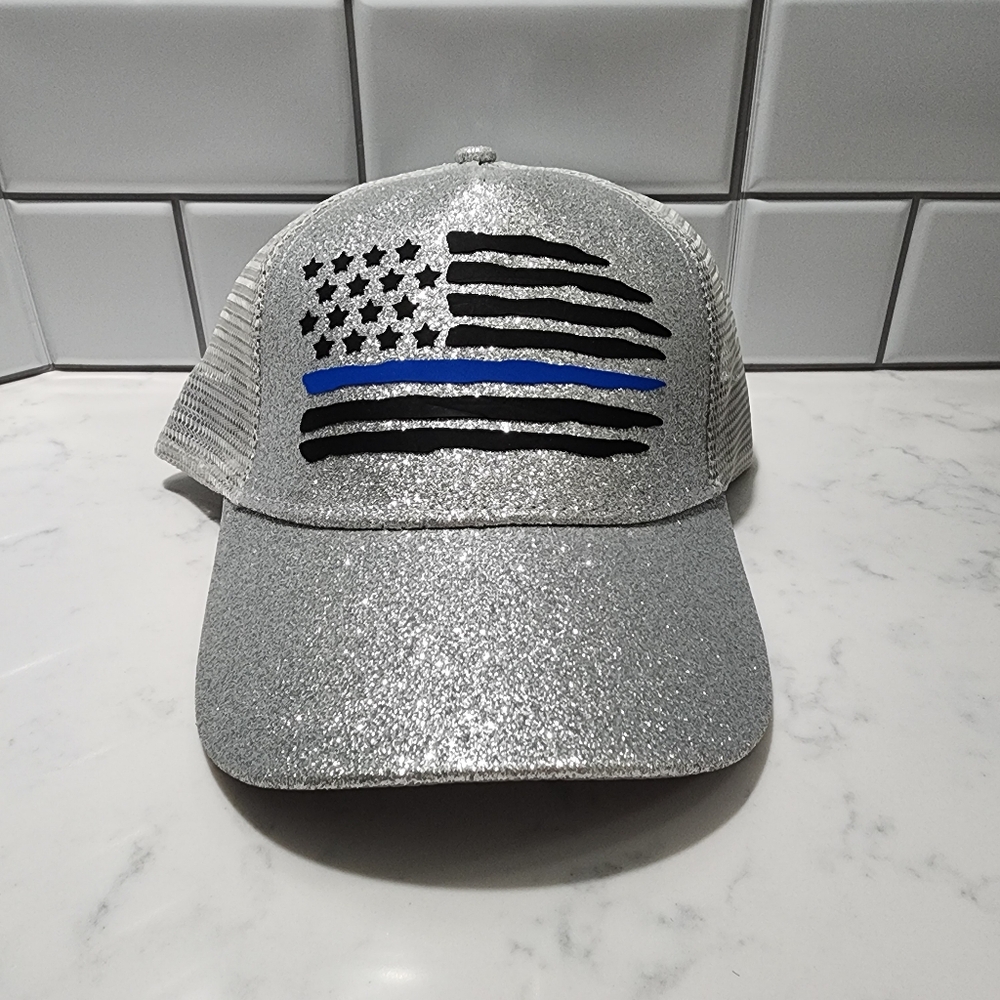 American Blue Line Flag Silver Glitter Ponytail Hat NEW